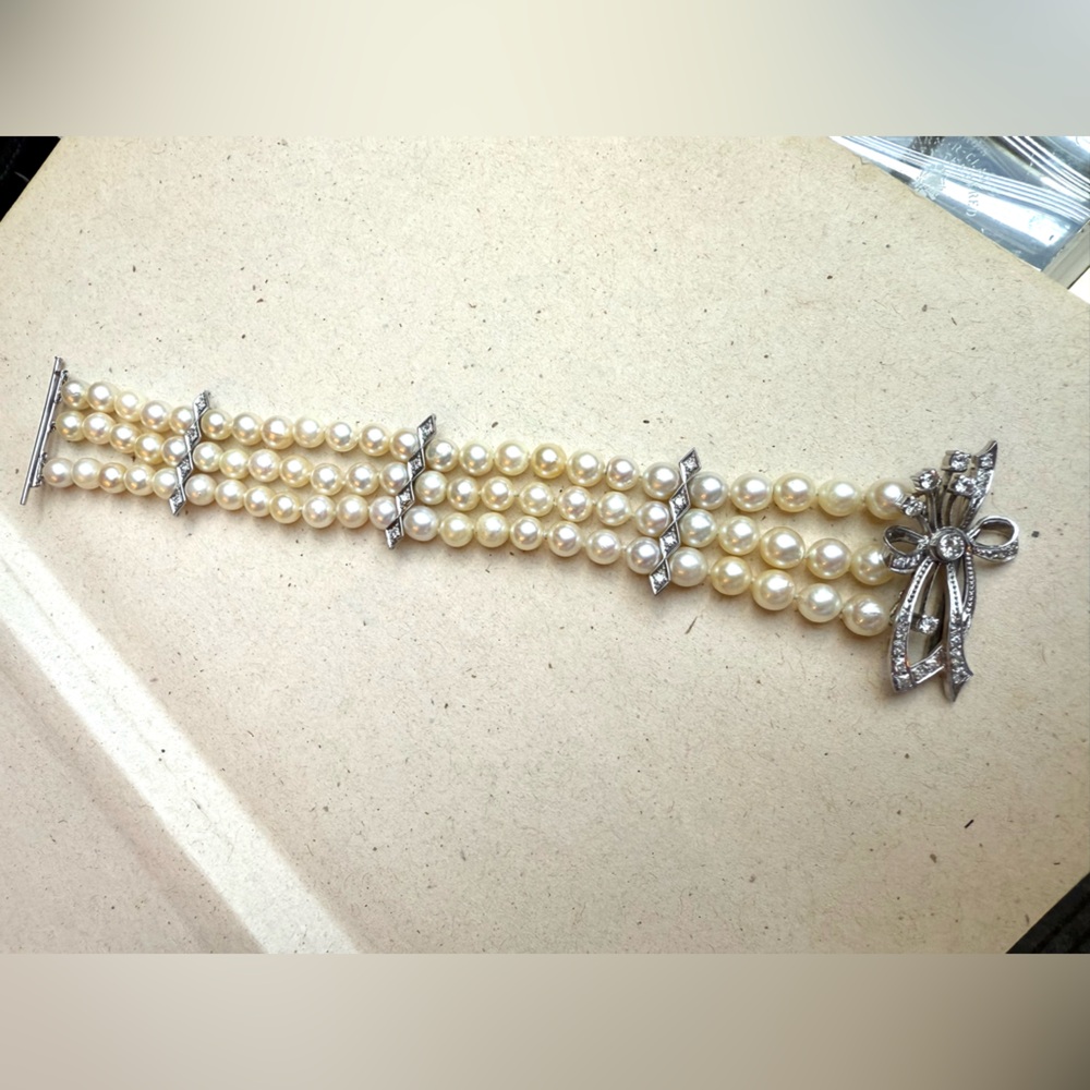Antique 18kt White Gold Diamond & Pearl Bracelet